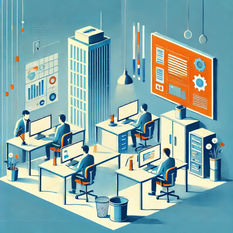 DALL·E 2025-11-10 08.49.48 - A modern, minimalist office with a small software development team working in a calm, focused atmosphere. The image is in a flat, simple, and texture-