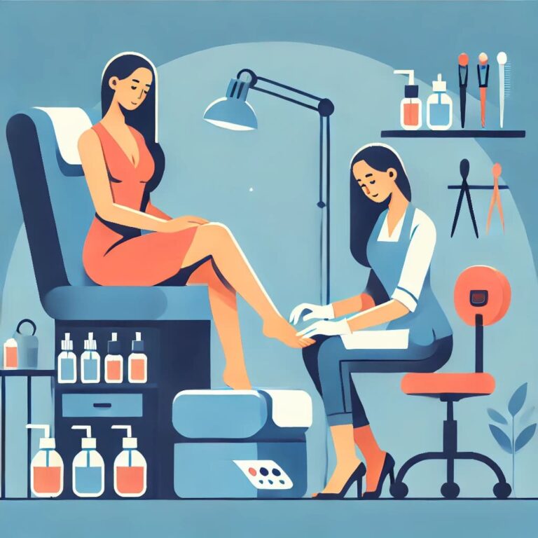DALL·E 2025-11-14 02.12.11 - Flat vector-style illustration for a website, showing a modern cosmetics and foot care studio with two women. One woman is the professional performing (1) (1)